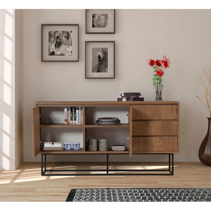 Hanah Home Consola Moderna-Industrial Nogal y Negro, Mueble con 3 Cajones y Estantes, Tablero Melamina 18mm, Patas Metálicas, Ancho 140cm Alto 72cm Fondo 36cm